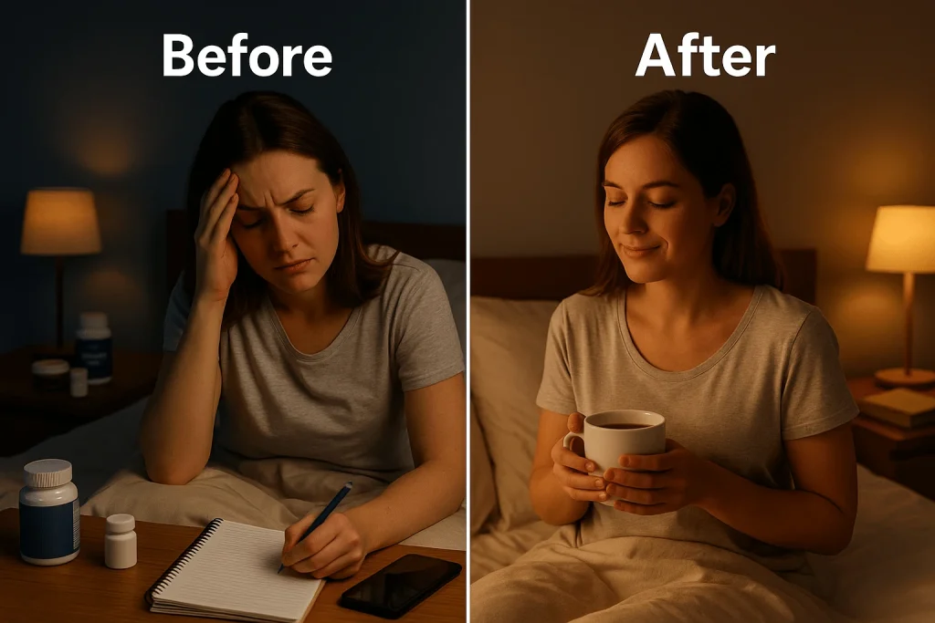 “Split image of a woman overwhelmed by too many bedtime tools on one side and relaxed with a simple mug of tea on the other — showing routine overload vs. simplicity.”