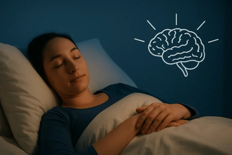 “Person lying peacefully in bed, representing the concept of sleep thinking.”