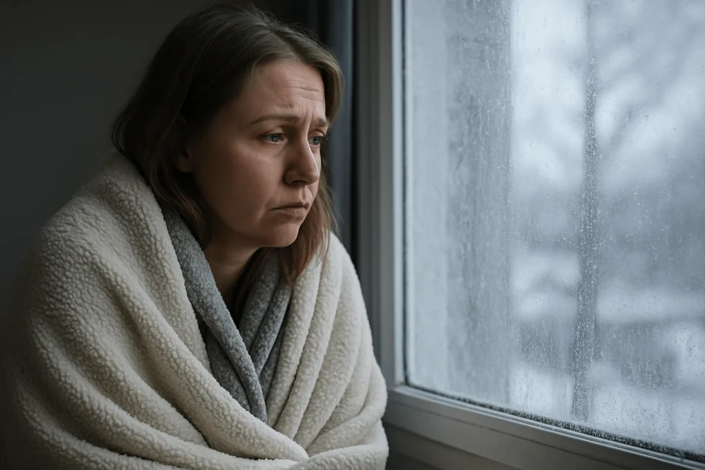 Fatigued woman in a robe looking out a frosted window on a winter morning, reflecting low mood and disrupted sleep.