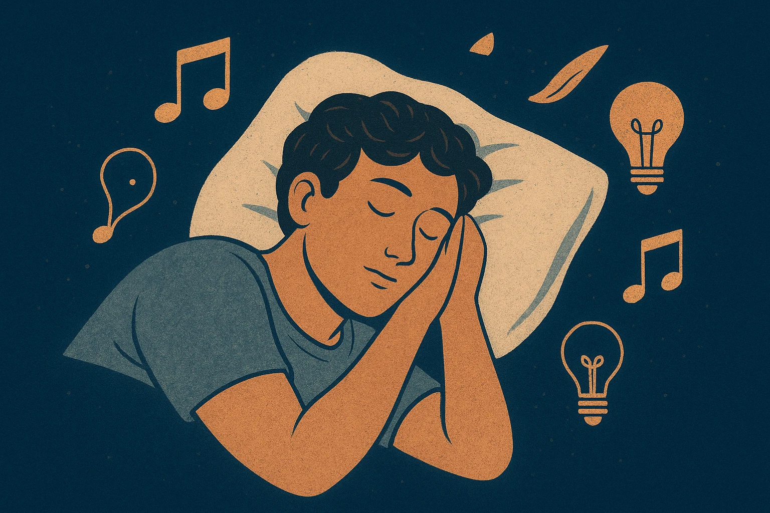 Person asleep with symbolic creative ideas surrounding them”