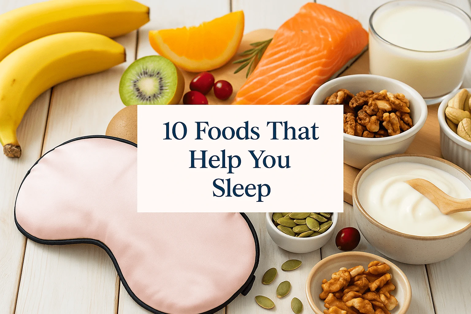 Flat lay of foods that help you sleep, including kiwi, walnuts, tart cherry juice, salmon, milk, and herbal teas, arranged with a pink sleep mask on a white wooden background.”