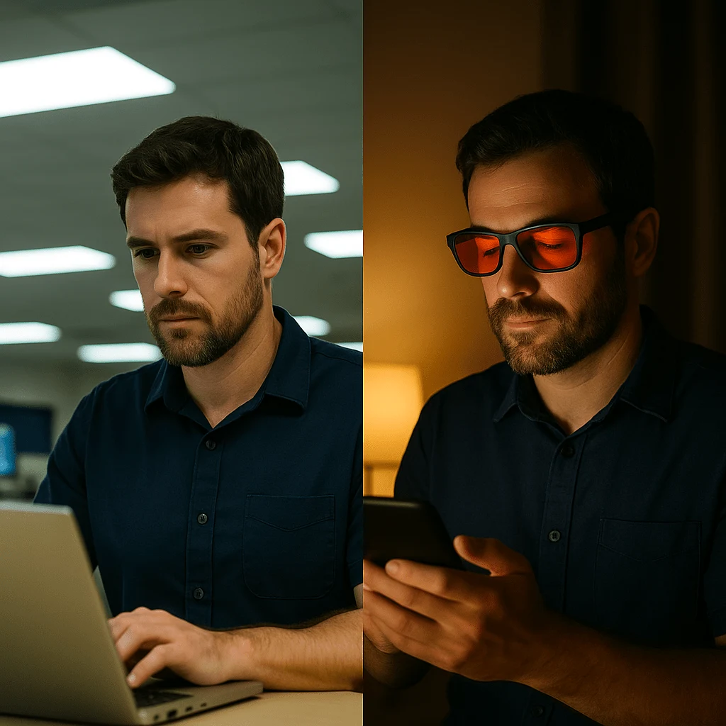 Night shift worker exposed to bright light during work and using blue light glasses at home for better sleep after a night shift.