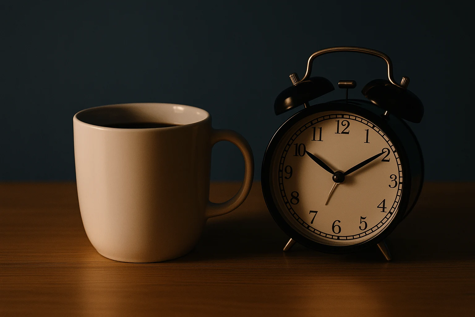 Drinking coffee too late after a night shift can disrupt daytime sleep — visual showing caffeine and late-night clock.