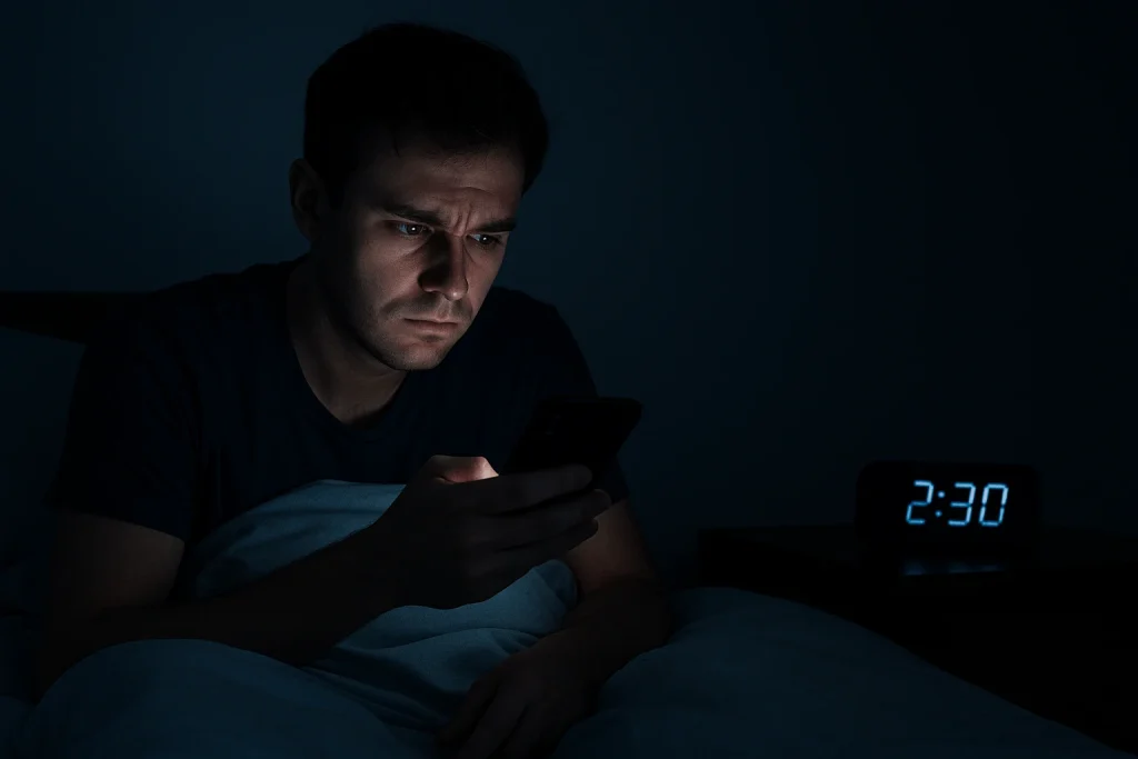 Person wide awake at night under screen light, with a digital clock in background”