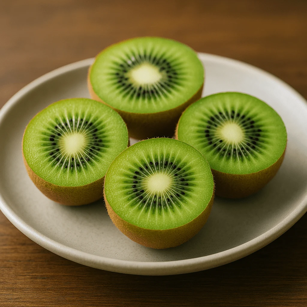 freshly sliced kiwi on a small white plate, prepared as a bedtime snack to support natural sleep.
