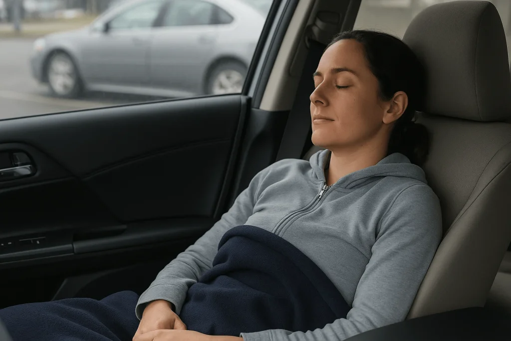 Night shift worker taking a quick power nap in a parked car to stay alert during night shift schedule.