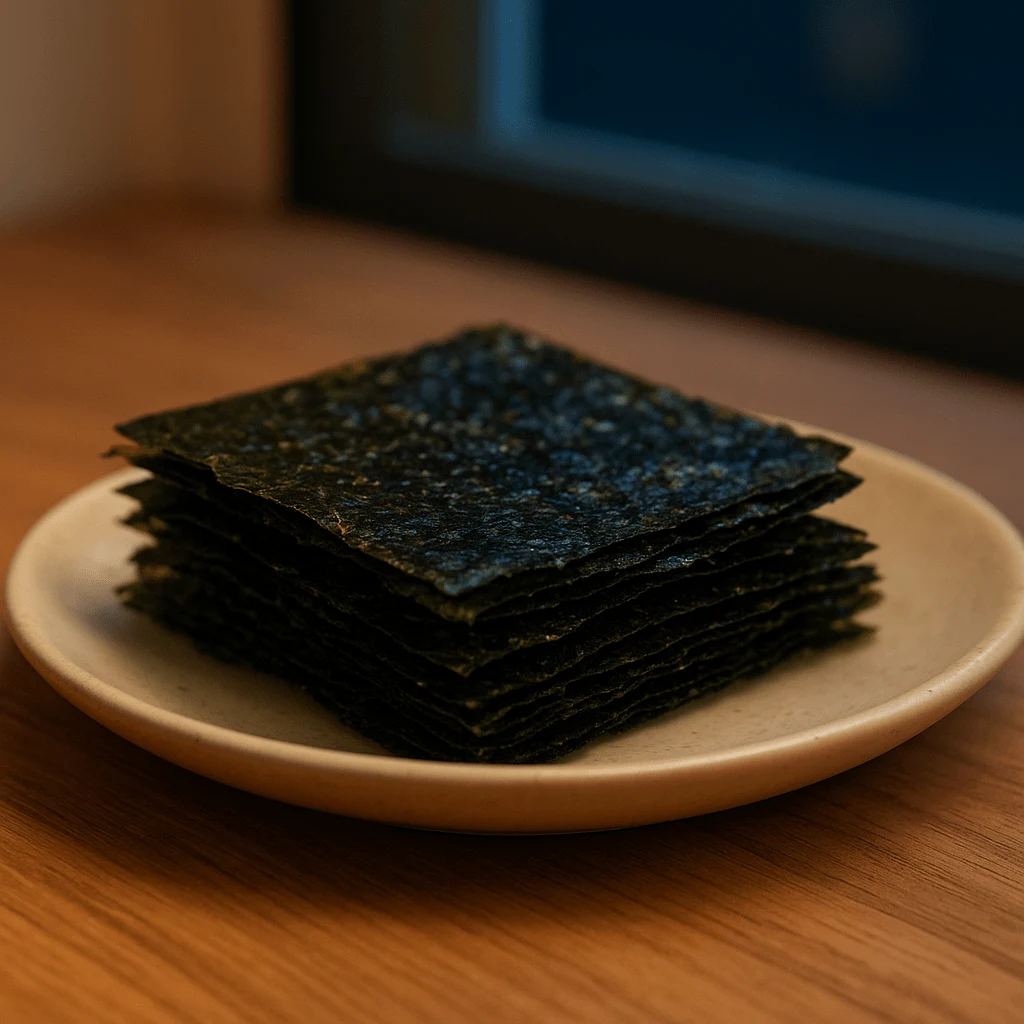Stack of rectangular nori seaweed sheets on a ceramic plate, placed on a wooden surface near a window, illustrating mineral-rich seaweed for sleep and hormone balance.”