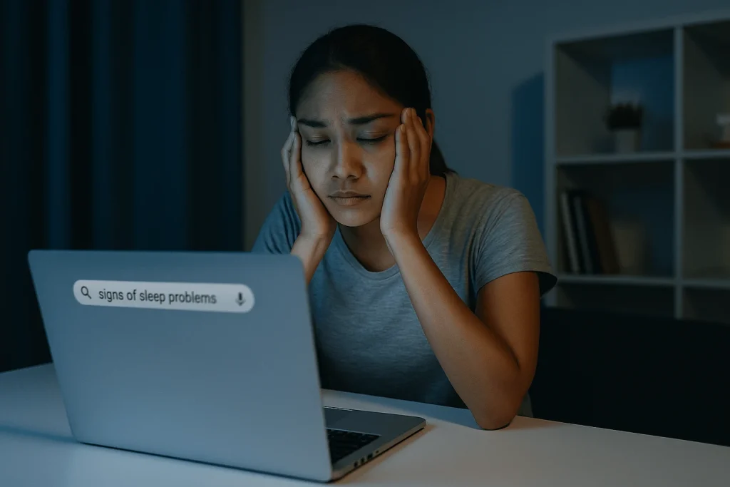 Fatigued person searching online for answers about their sleep problems”