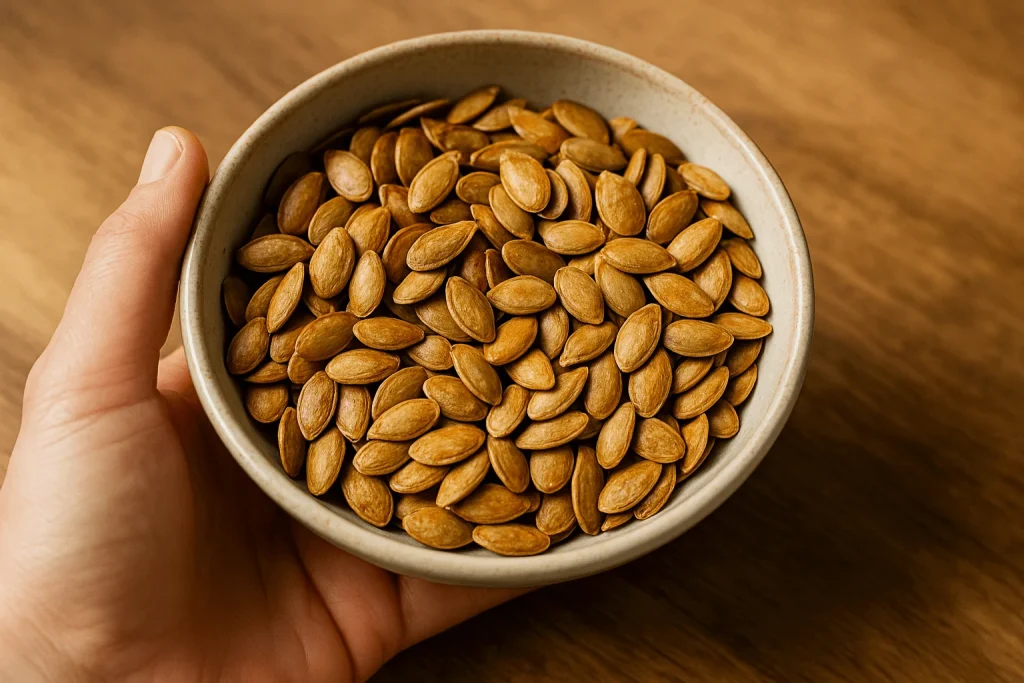 Roasted pumpkin seeds in a hand-held ceramic bowl — a magnesium-rich food that helps you sleep better naturally.