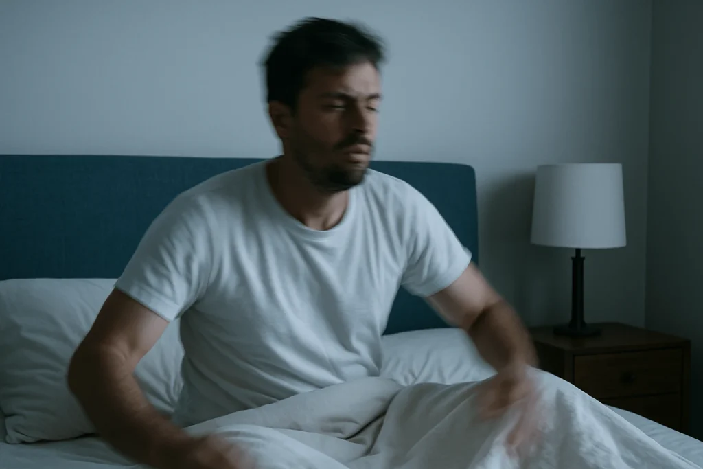 Person acting out dreams while sleeping, showing REM behavior disorder