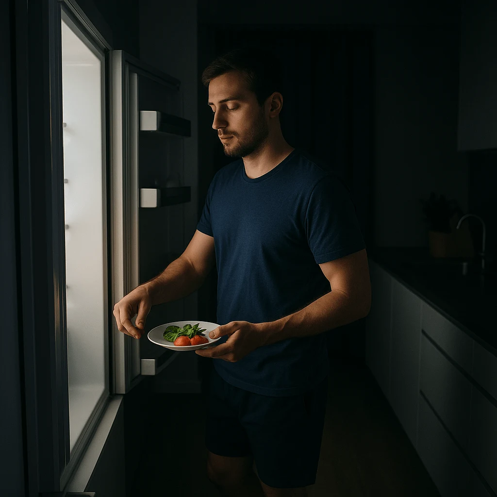 Man in dim kitchen taking a light nighttime snack from the fridge, illustrating midnight eating habits and their link to sleep patterns.”