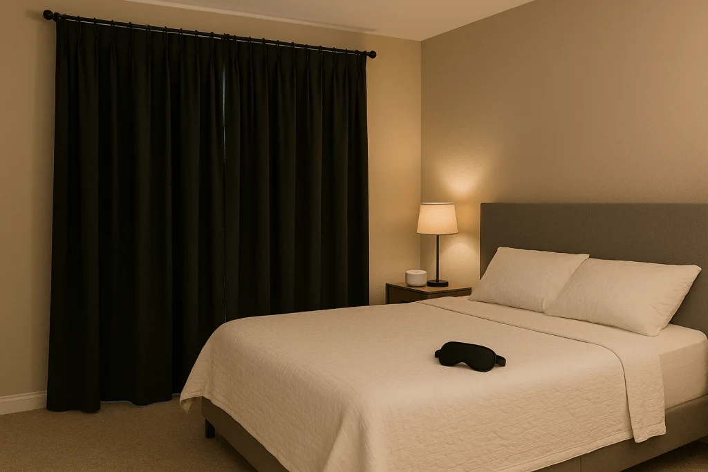 Bedroom setup for daytime sleep with blackout curtains and sleep mask”