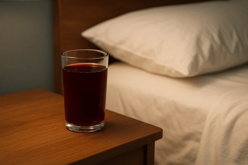 Glass of tart cherry juice on a nightstand beside a bed, prepared as a natural bedtime drink to support sleep.