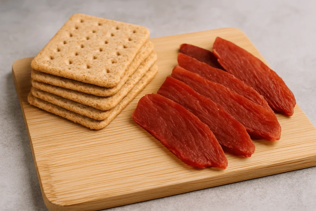 turkey jerky slices and whole grain crackers neatly arranged on a wooden cutting board, served as a tryptophan-rich bedtime snack.”