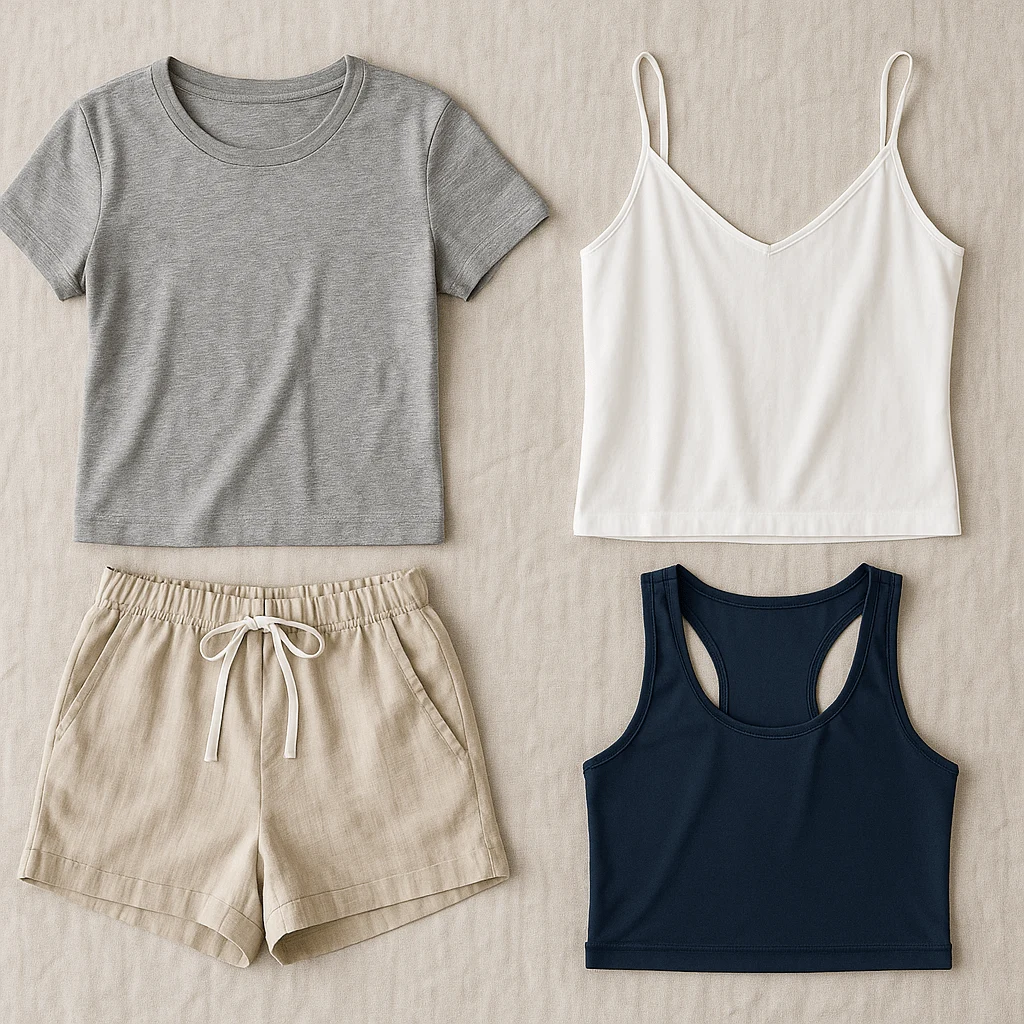 Lightweight summer sleepwear made from cotton, bamboo, and linen, arranged neatly to show breathable bedtime clothing options