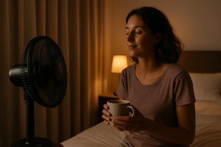 Evening wind-down using summer sleep hacks: fan cooling and herbal tea in bedroom