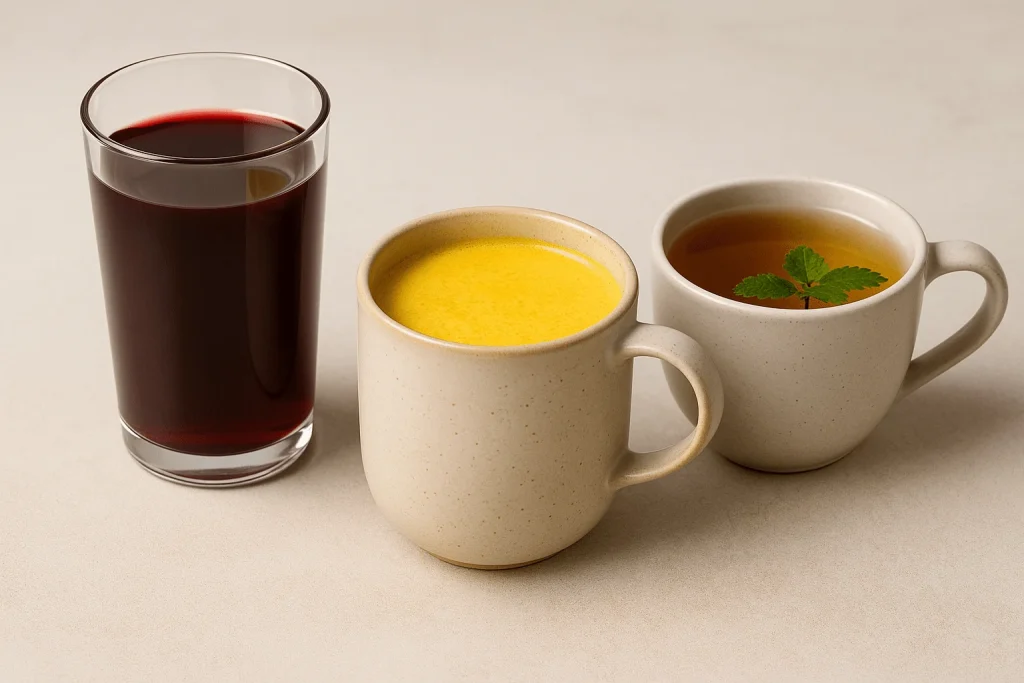 Three drinks that help you sleep — tart cherry juice, golden milk, and herbal tea with mint, served in distinct cups on a soft beige surface.