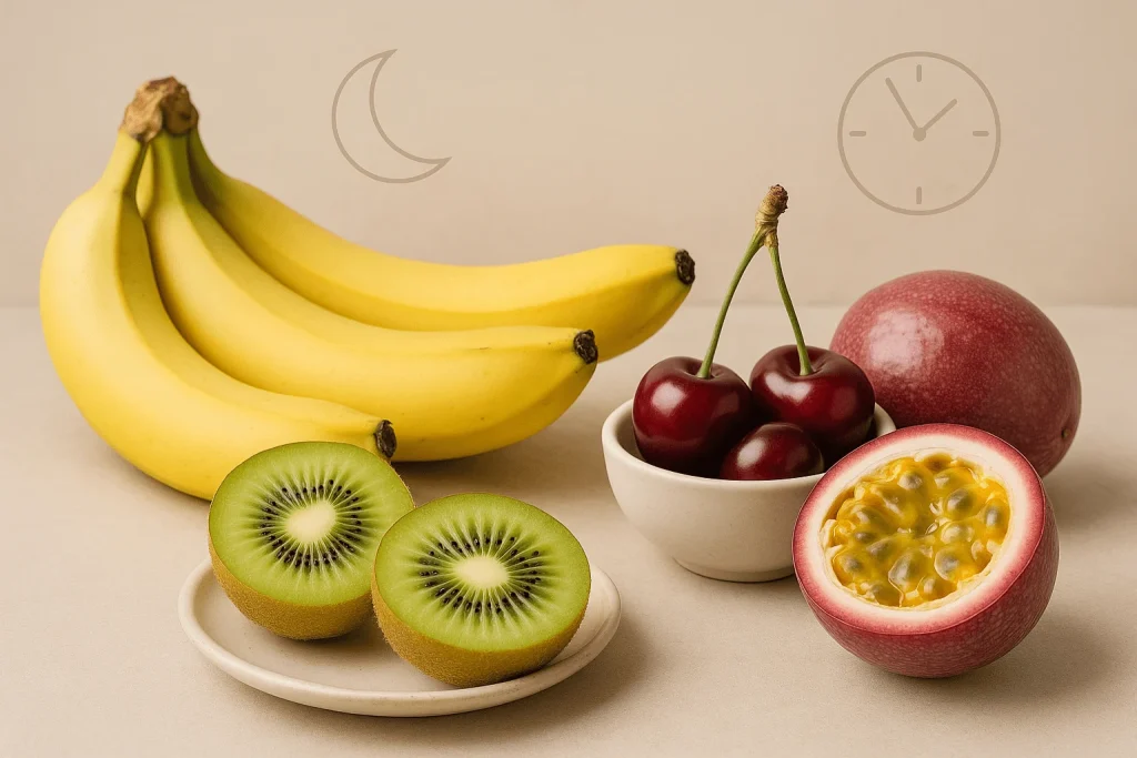 photo displaying bananas, sliced kiwi, cherries, and halved passionfruit on a neutral background, representing fruits that help you sleep