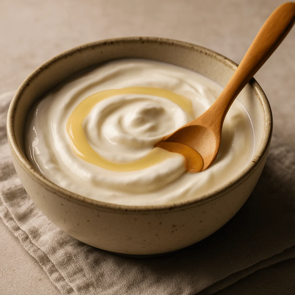 Thick Greek yogurt drizzled with honey in a ceramic bowl with wooden spoon — a calming bedtime snack and one of the foods that help you sleep.