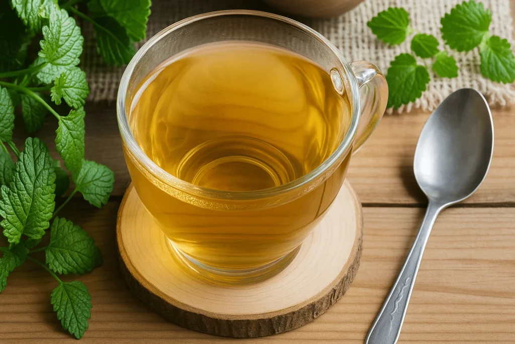 glass cup filled with golden lemon balm tea, surrounded by fresh lemon balm leaves , one of the best sleep summer hacks