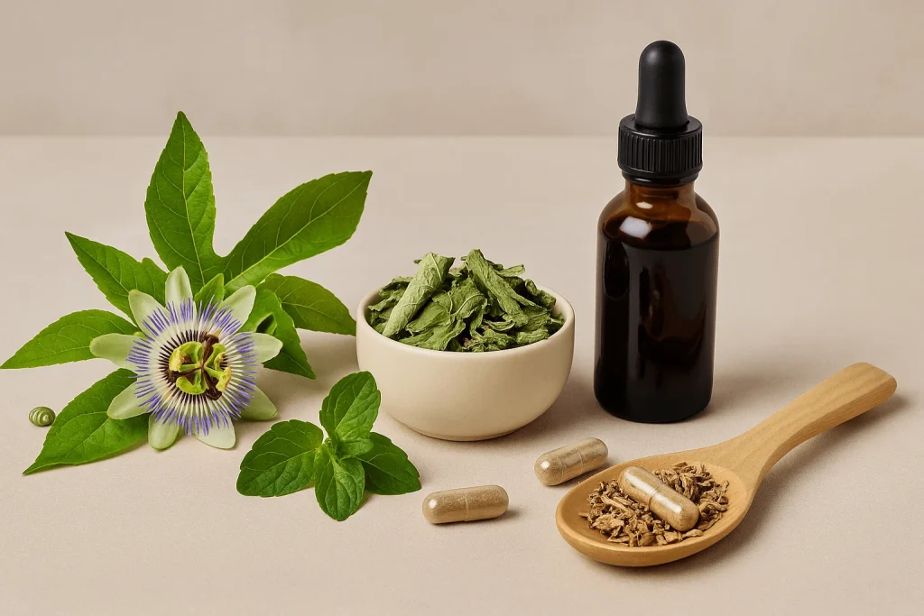 Four herbs that help you sleep — passionflower, lemon balm, tulsi, and valerian root shown as dried leaves, tincture, and capsules on a beige surface.