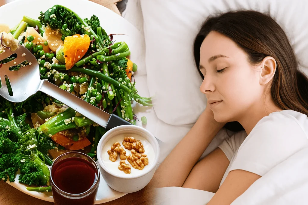 Composite digital photograph showing food that help you sleep — with a plate of quinoa salad, broccoli, and carrots on one side, and a woman peacefully sleeping on the other.”