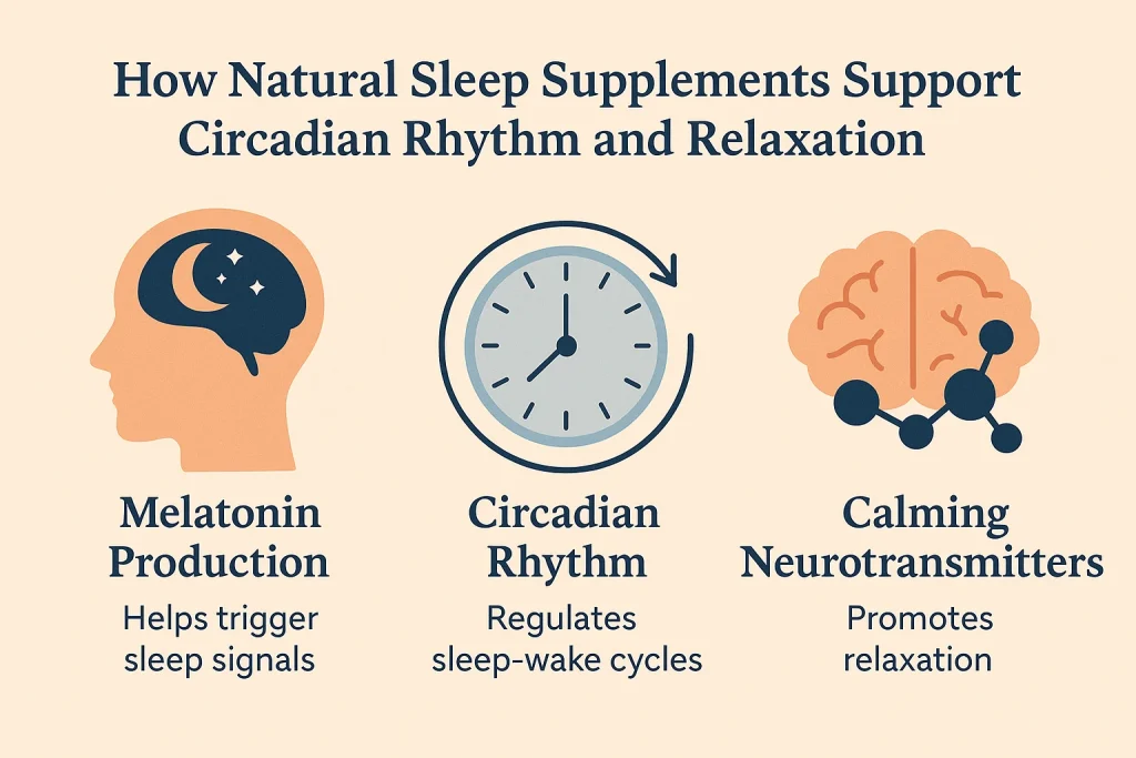 “How natural sleep supplements support circadian rhythm and relaxation through melatonin production, sleep-wake cycle regulation, and calming neurotransmitters”