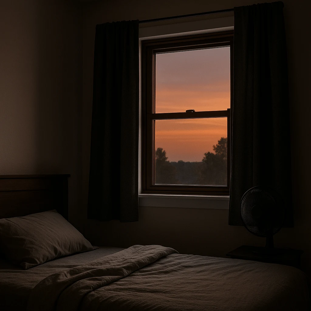 Simple bedroom setup for cooler sleep: blackout curtains, fan, open window at dusk