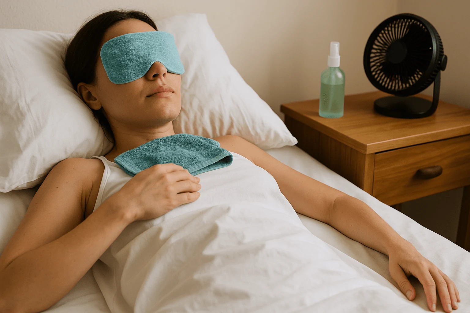 Woman sitting on bed at night using a chilled eye mask and mist spray for quick relief from night sweats, with feet uncovered and light bedding