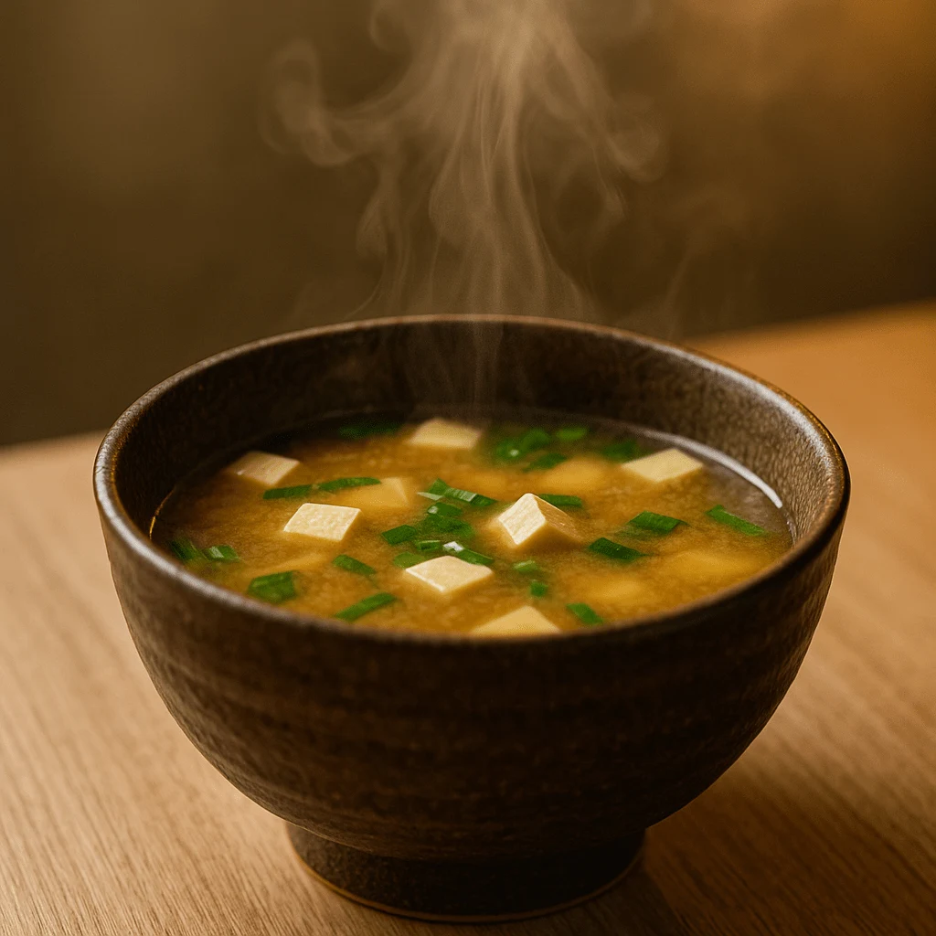 Bowl of warm miso soup with tofu and green onions, steam rising, known for gut and sleep health benefits.”