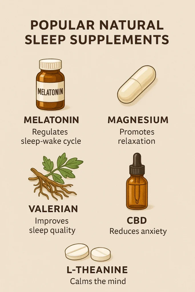“Infographic of common natural sleep supplements and their effects on sleep quality, including melatonin, magnesium, valerian, CBD, and L-theanine”