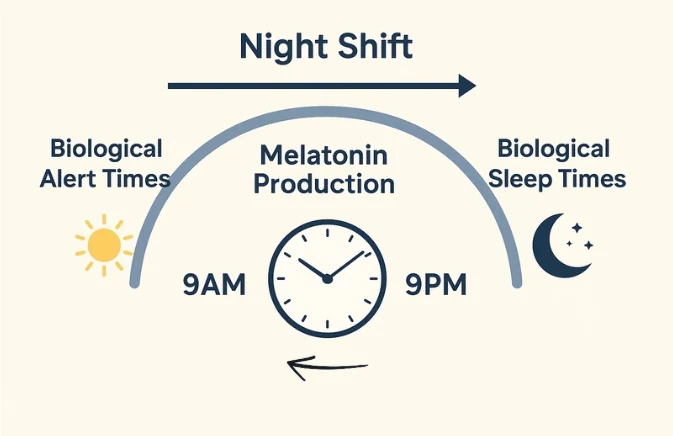 Diagram showing circadian rhythm disruptions from night shift work”