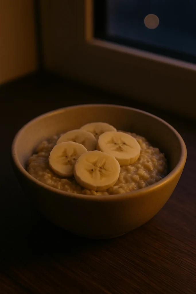 a beige ceramic bowl filled with oatmeal and topped with banana slices, placed on a wooden surface near a window at night as a calming bedtime snack.”