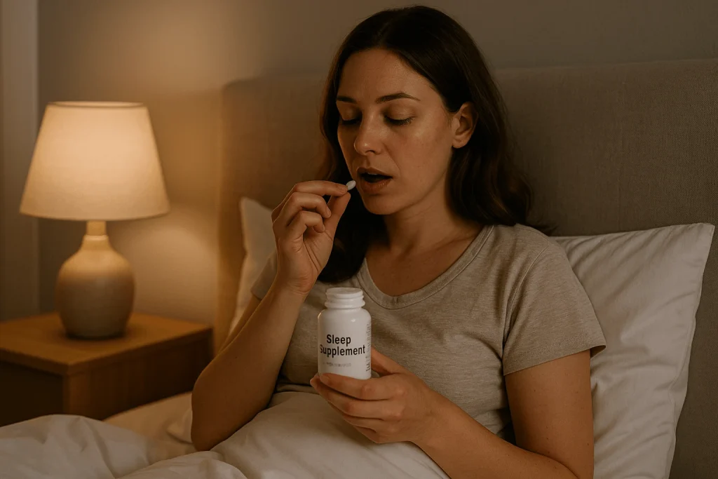 “Woman sitting in bed with a bottle labeled ‘Sleep Supplement,’ preparing to take a capsule under soft lamp lighting”