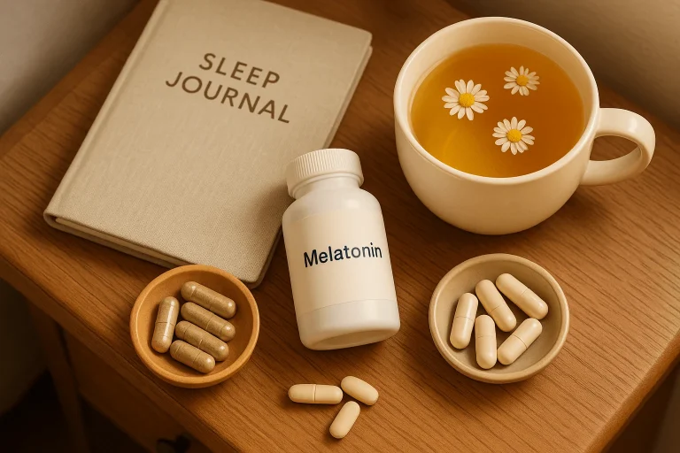 “Natural sleep supplements arranged beside a journal and cup of herbal tea on a nightstand”