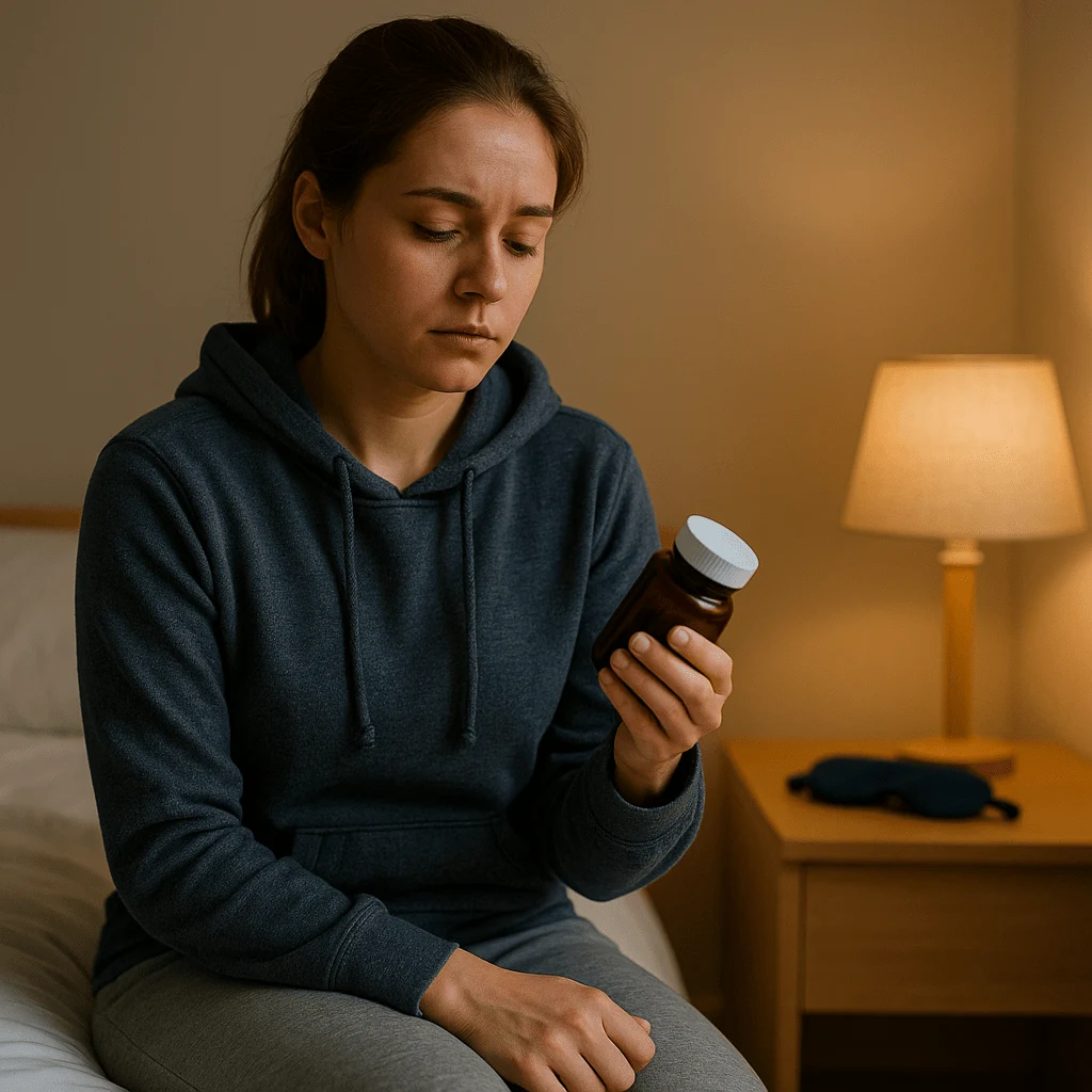 Night shift worker deciding whether to take melatonin or magnesium to improve sleep after working overnight.