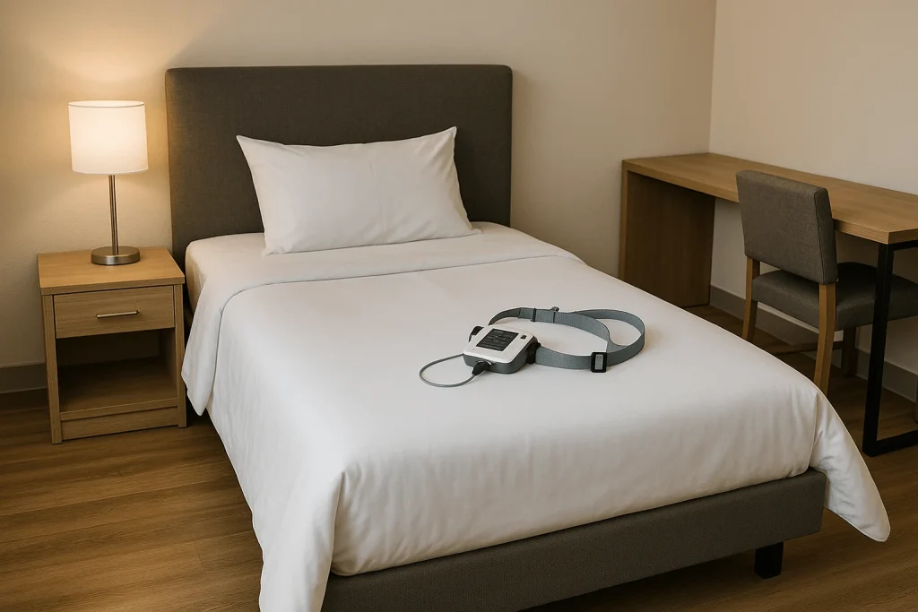 Modern sleep study setup with wearable device or calm sleep clinic environment