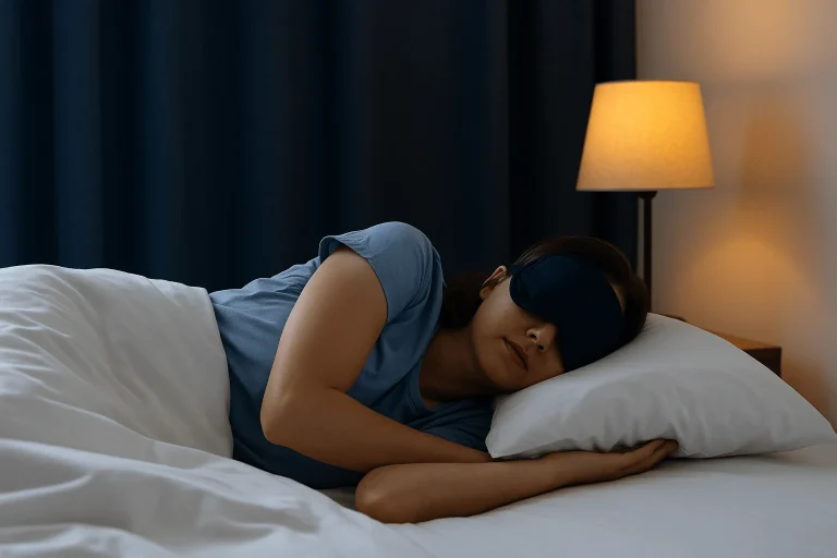 Woman sleeping peacefully after a night shift with blackout curtains and sleep mask for daytime rest.”