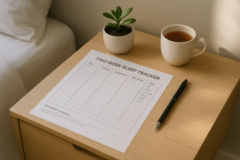 Minimalist nightstand with a printed two-week sleep tracker printable sheet, black pen, small plant, and a cup of tea in soft morning light