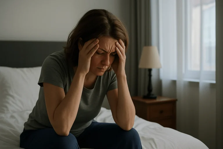 woman feeling exhausted in the morning despite a full night’s sleep”