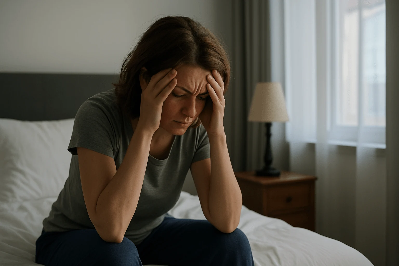 woman feeling exhausted in the morning despite a full night’s sleep”