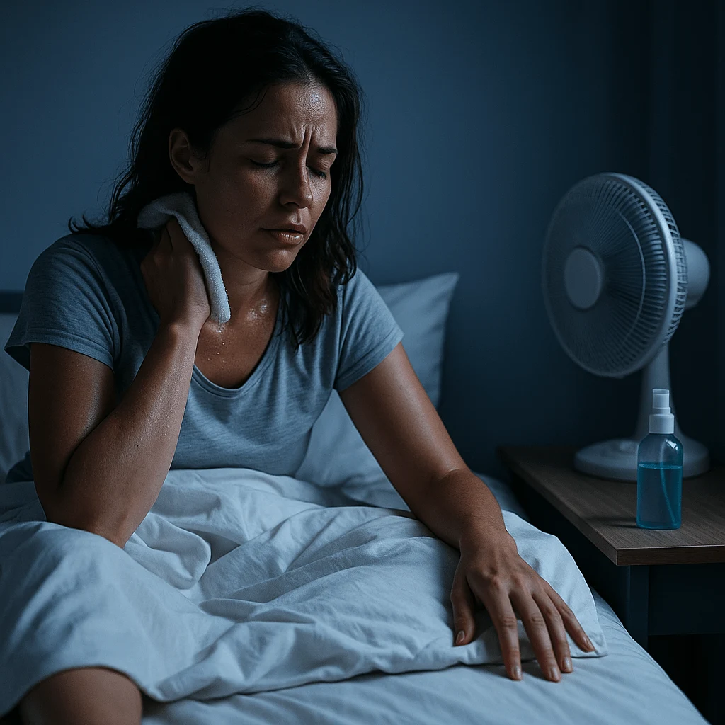 Woman awake at night wiping sweat with a towel, fan nearby for cooling relief