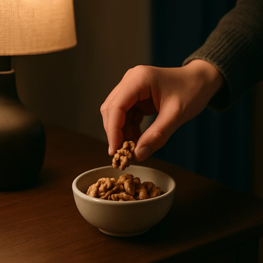 Hand placing melatonin-rich walnuts into a small ceramic bowl on a nightstand, symbolizing a natural bedtime snack for better sleep.