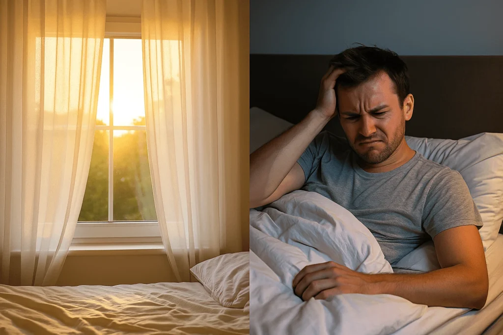 Bright summer light through windows paired with person unable to sleep due to night heat”