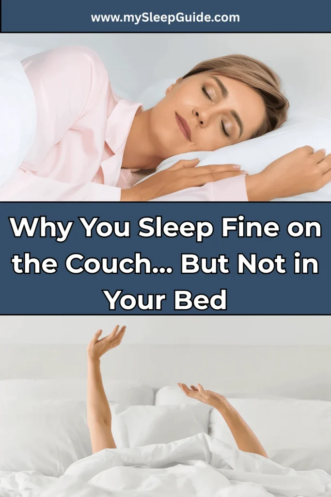Why you sleep better on the couch than in your bed – sleep comparison with images of a woman resting and tossing in bed