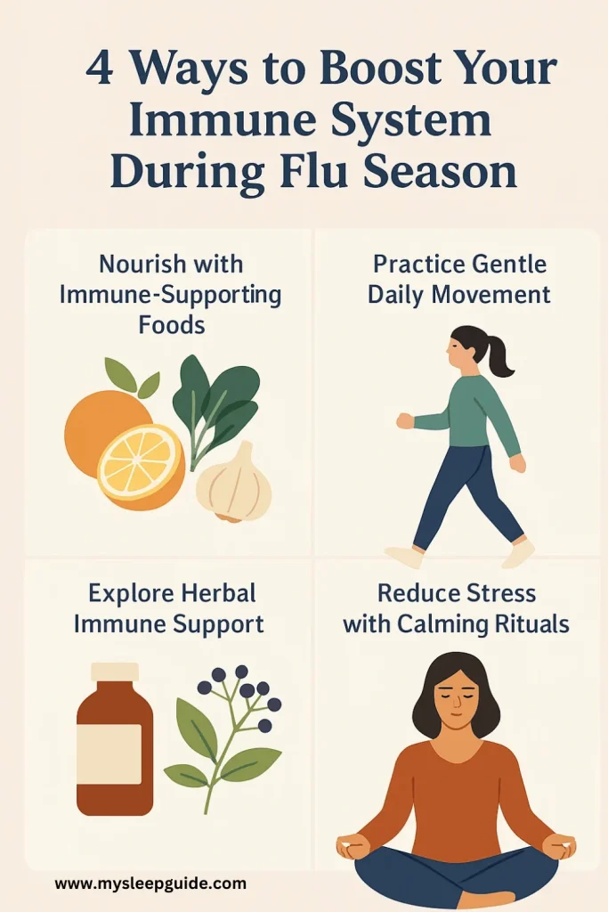 Infographic showing 4 ways to boost your immune system during flu season: healthy foods, movement, herbs, and stress relief