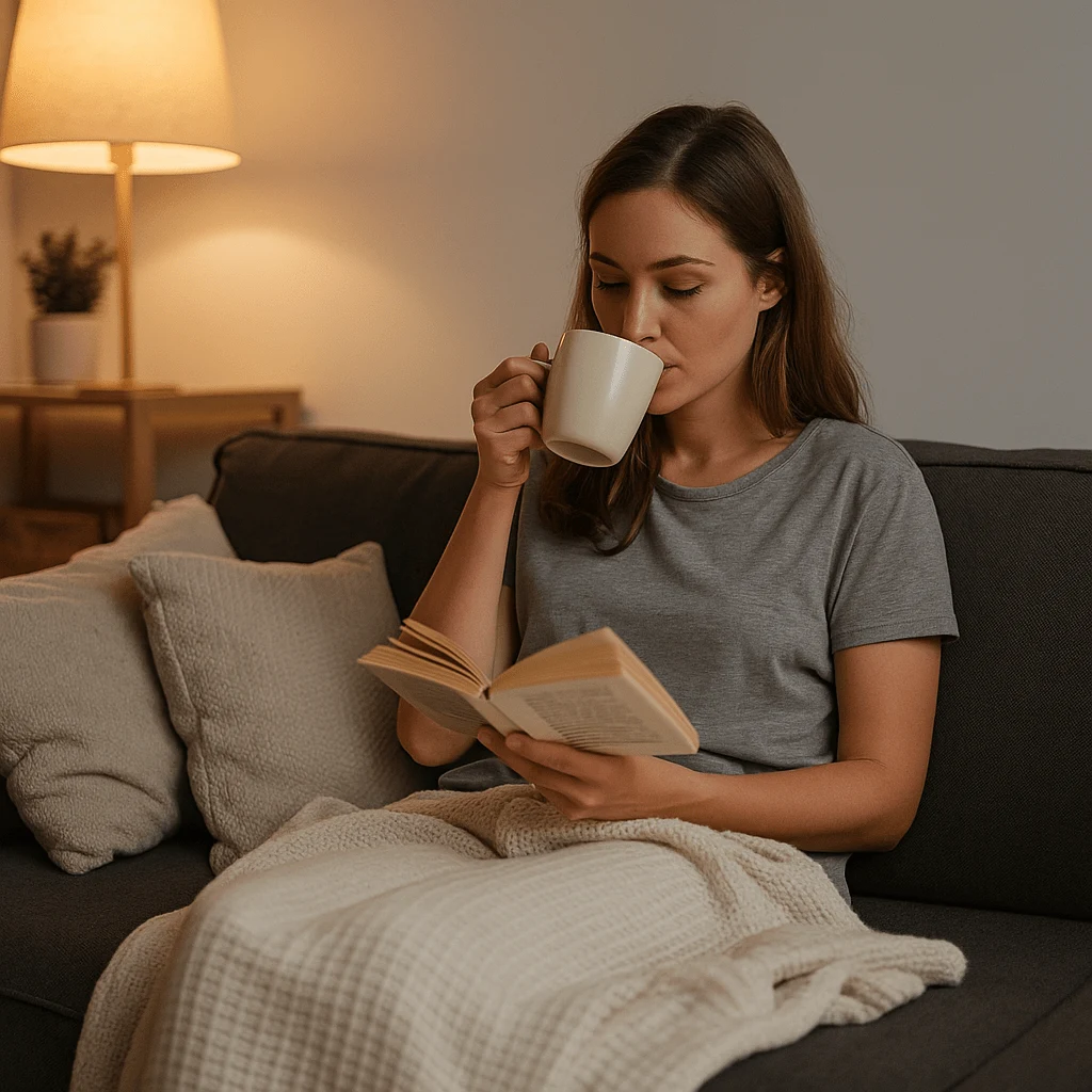 Evening tea and reading routine associated with sleep on the couch