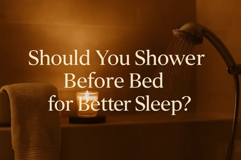 Featured image showing a peaceful bathroom and text overlay about benefits of showering before bed for better sleep