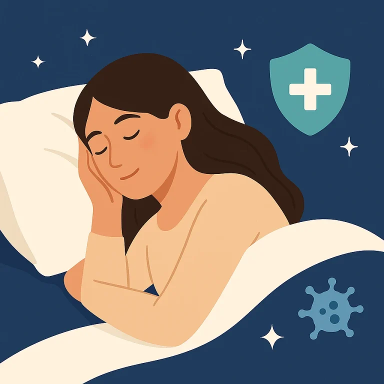 Illustration of a peaceful sleeper with immune health symbols, representing how sleep affects your immune system