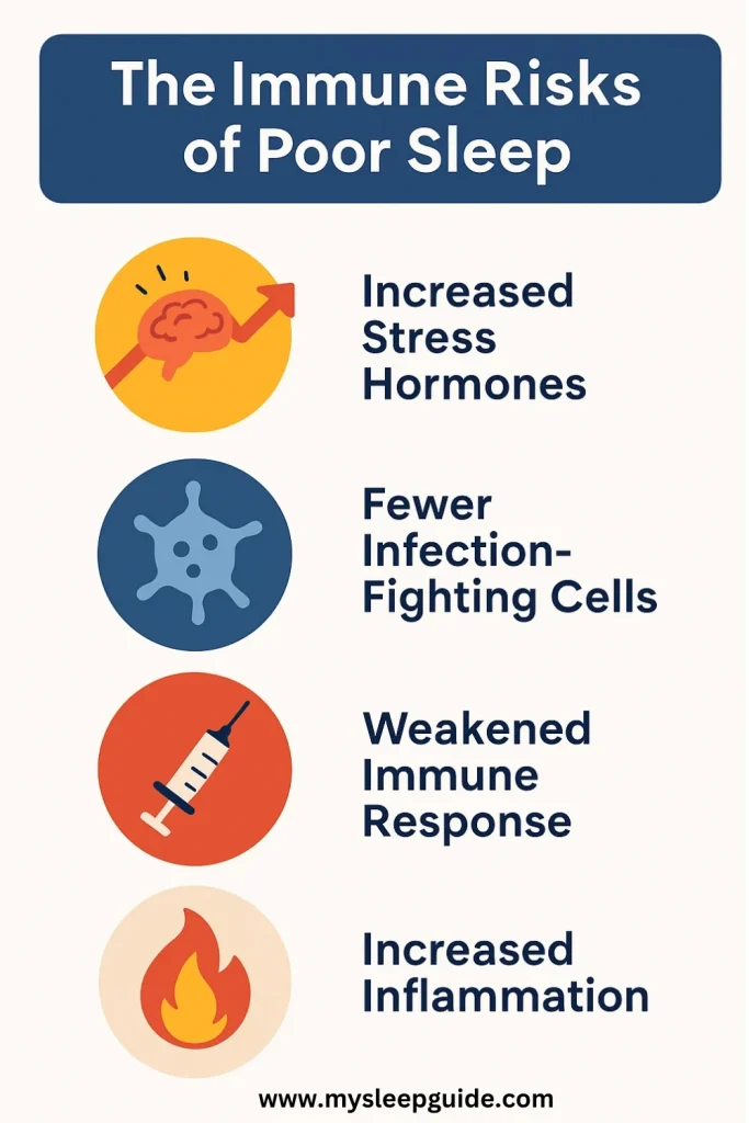 Graphic showing how sleep affects your immune system and increases health risks from poor sleep